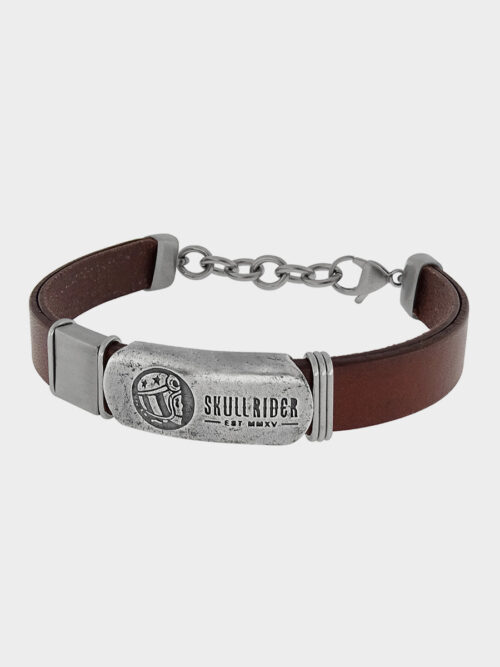 Brown Leather Bracelet with Skull Rider Logo