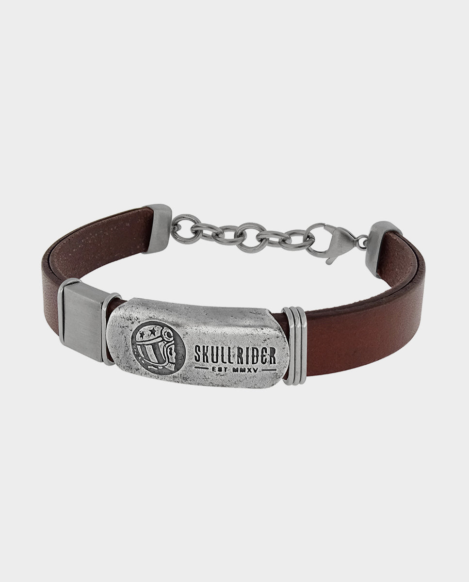 Brown Leather Bracelet with Skull Rider Logo
