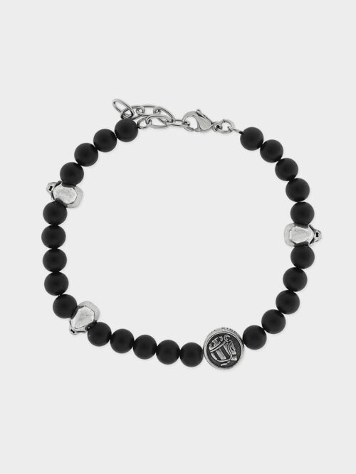 Black Agate Spheres Bracelet with Skulls and Lobster Claw