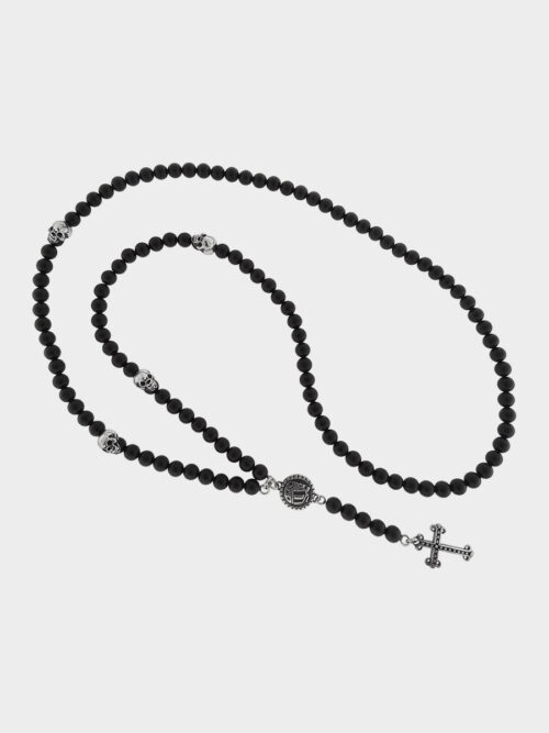 Rosary with Black Agate with Skulls, Logo and Cross