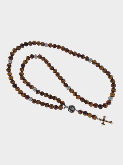 Rosary with Tiger Eye with Skulls, Logo and Cross