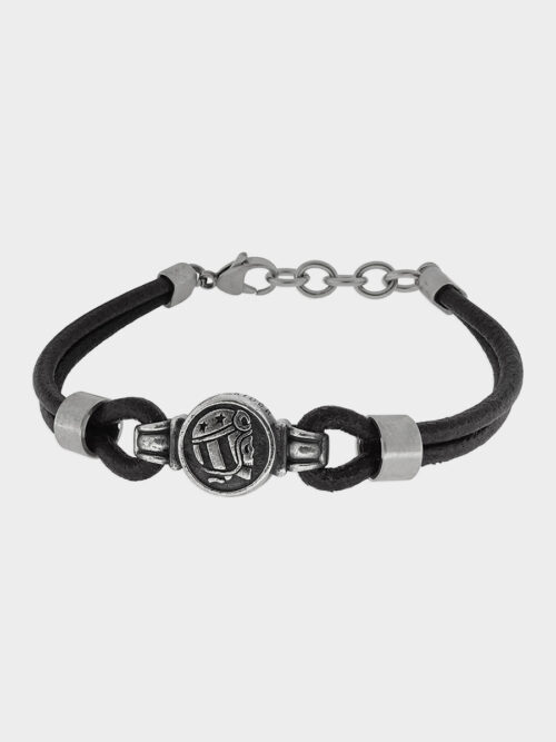 Black Leather Bracelet with Logo and Lobster Claw