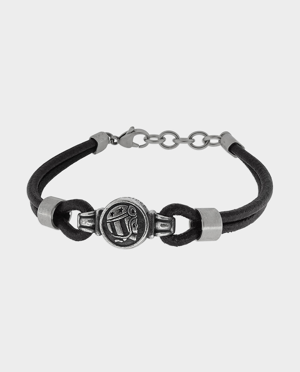 Black Leather Bracelet with Logo and Lobster Claw