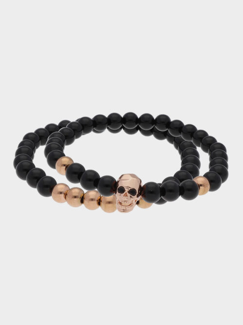 Double Bracelet with Onyx and Bronze Spheres and Skull