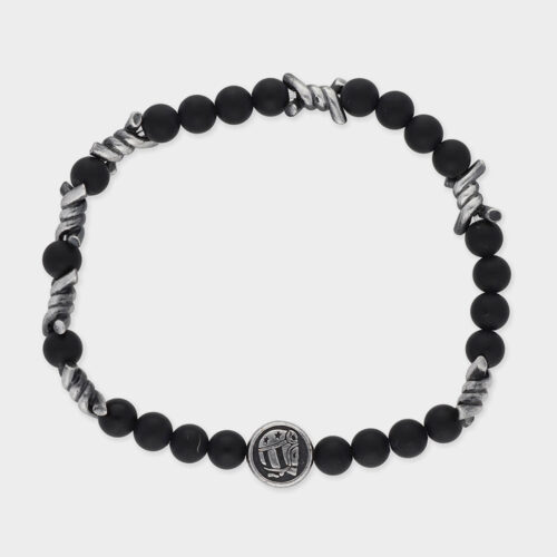 Bracelet with Black Agate Balls, Logo and Thorn